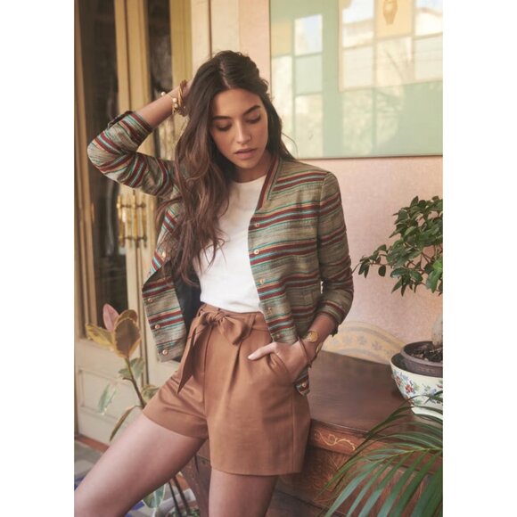 NWT Sezane Teddy Keaton in Jacquard Striped Rust Green Gold Bomber Jacket 36 4 - Picture 2 of 10